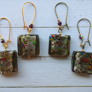 Multicolor Vintage Square Czech Bead Drop Earrings