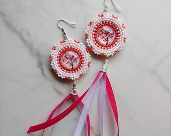 Heart Tree Hand Beaded Regalia Powwow Ribbon Earrings in Silver - Traditional Anishinaabe Native Beadwork