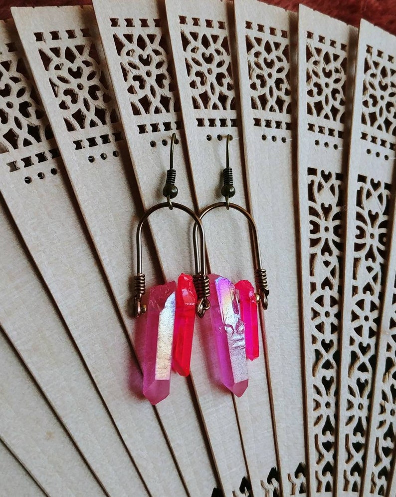 Iridescent Pink Quartz Crystal Point Earrings in Antique Brass