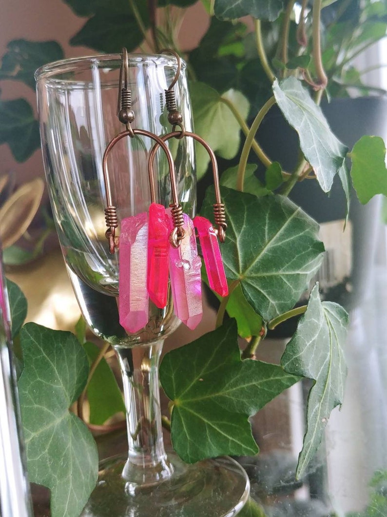Iridescent Pink Quartz Crystal Point Earrings in Antique Brass