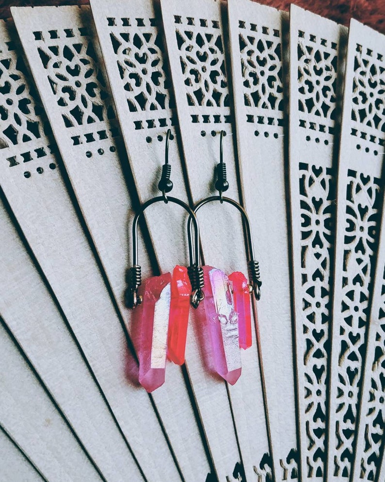 Iridescent Pink Quartz Crystal Point Earrings in Antique Brass