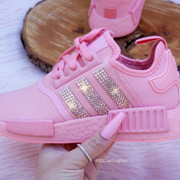 Women's Youth Pink Adidas NMD Shoes with Rose Gold Swarovski Crystals