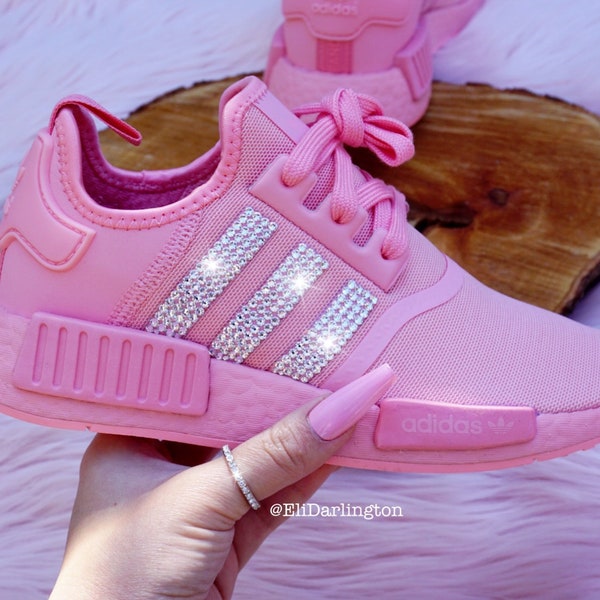 Women's Youth Pink Adidas NMD Shoes with Silver Swarovski Crystals