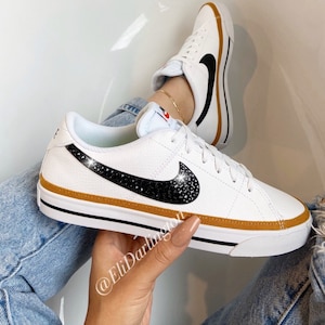 Custom Swarovski Nike Court Legacy Sneakers with Black Swarovski Crystals