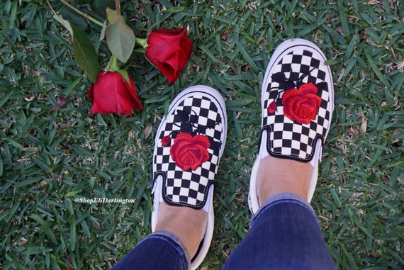 Ashley Furman Slud Indvandring Custom Vans Old Skool Checkerboard Slip on Red Rose Appliqué - Etsy  Australia