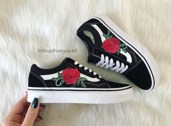 Custom Vans Old Red Rose Appliqué Etsy