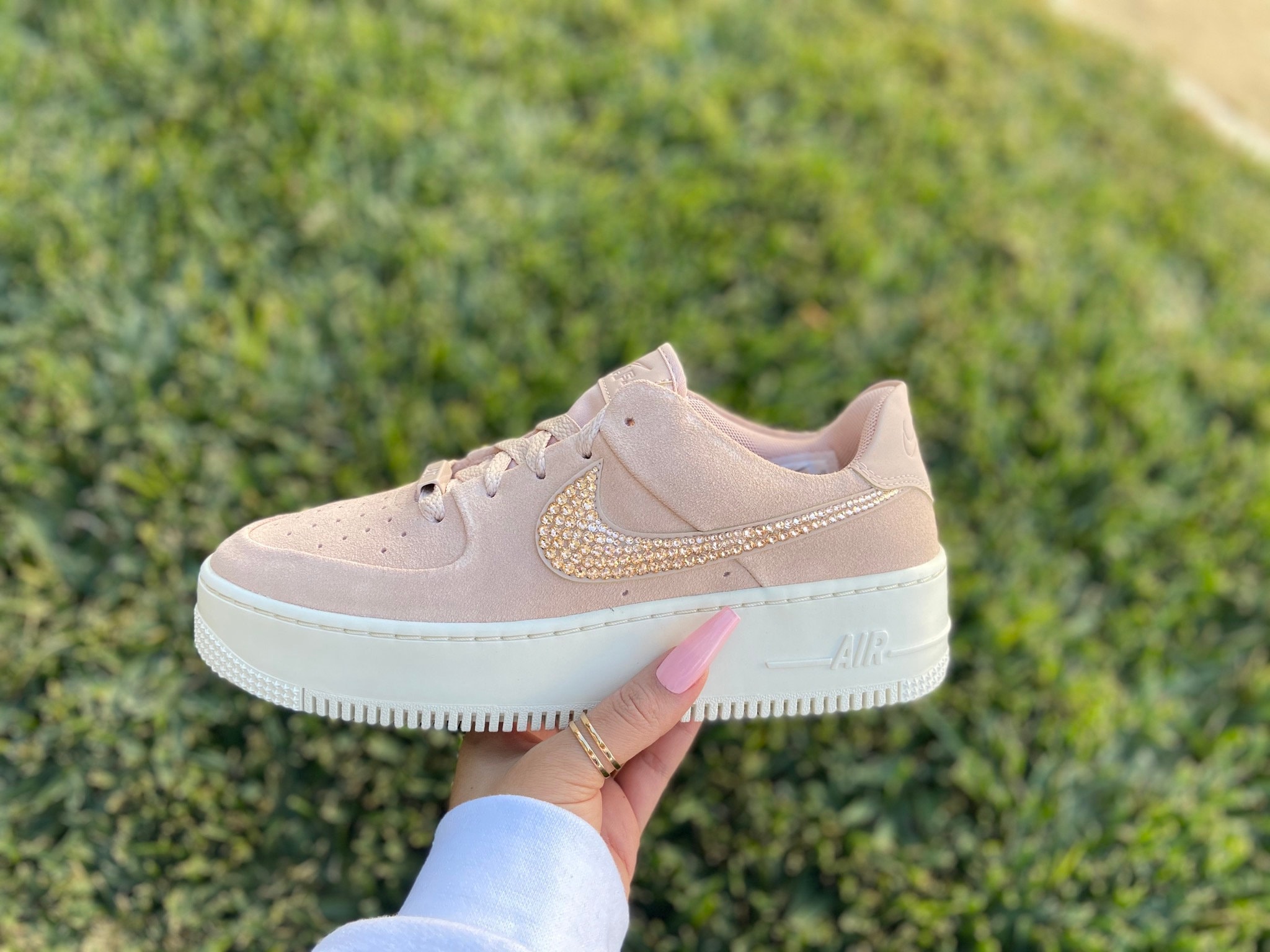 rose gold and white air force ones