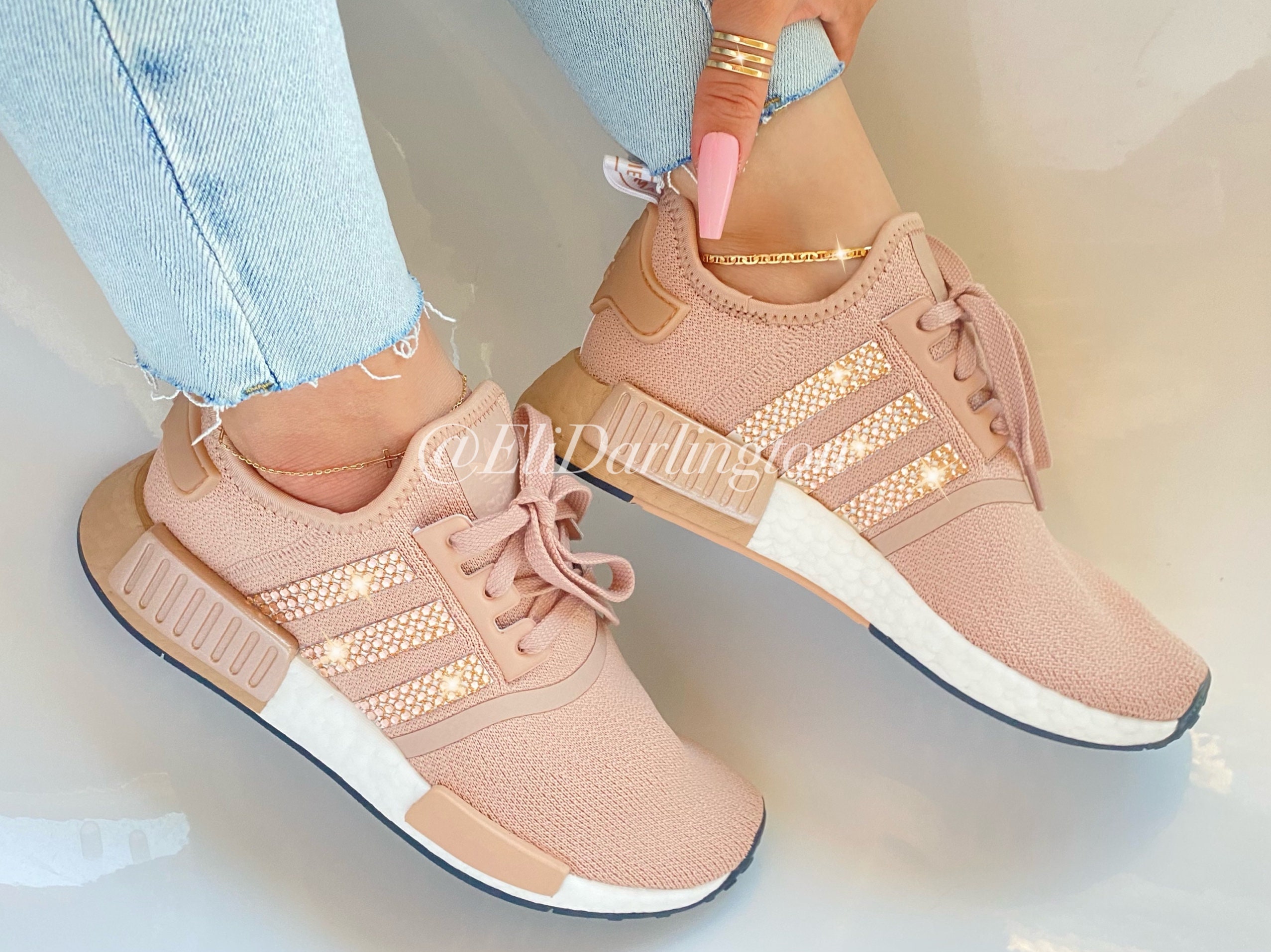 Women s Adidas NMD Shoes with Rose Gold Swarovski Crystals on Stripes