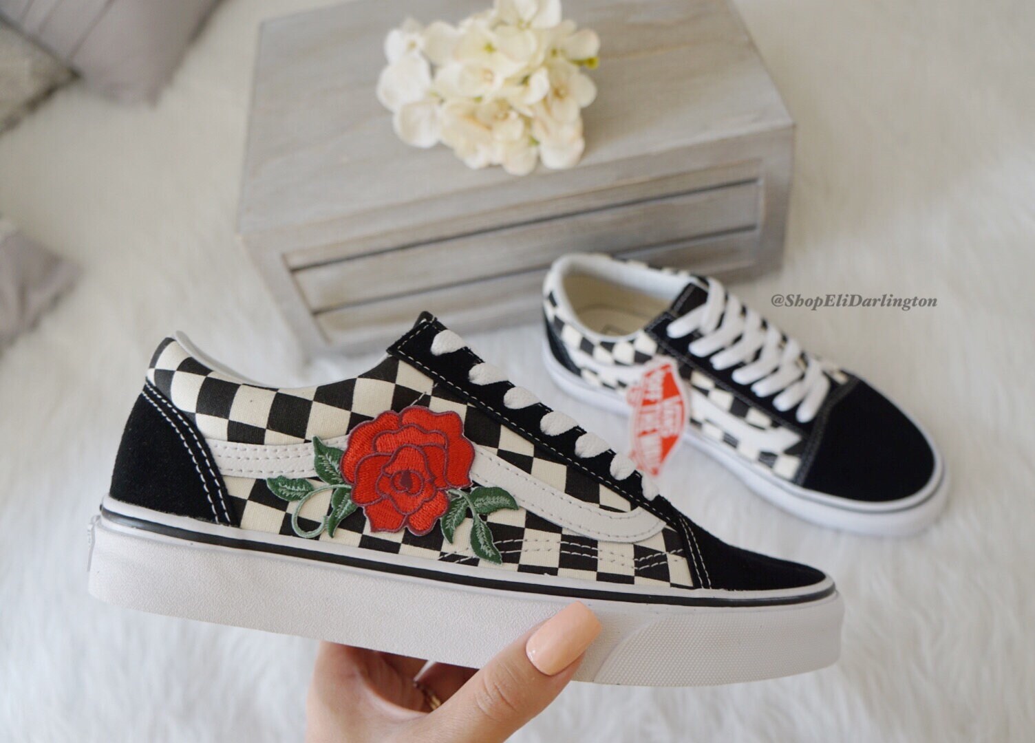 Custom Vans Old Skool Checkerboard Red Rose Appliqué - Etsy