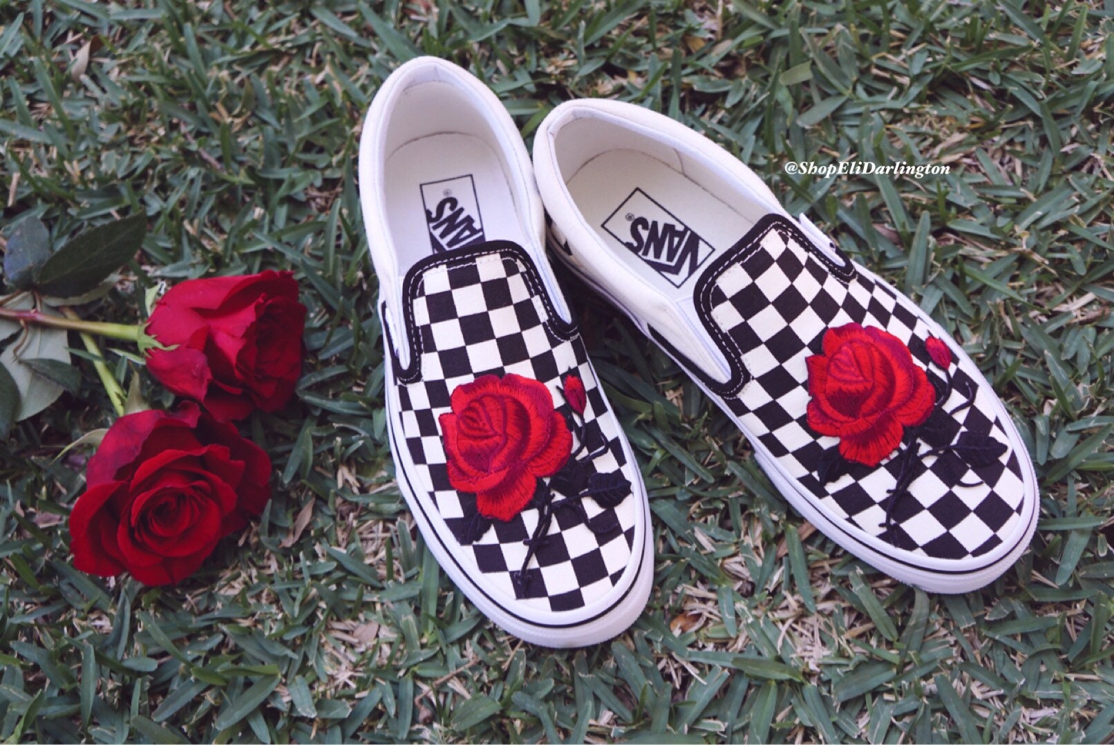 Size 7.5 Custom Vans Old Skool Checkerboard Slip on Red Rose - Etsy