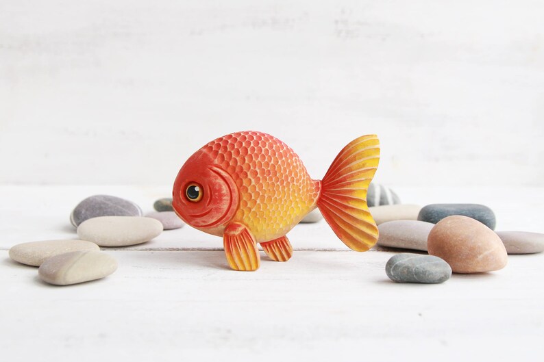 Wood Carved Goldfish Figurine Wood Carving Gold Fish Wooden Etsy