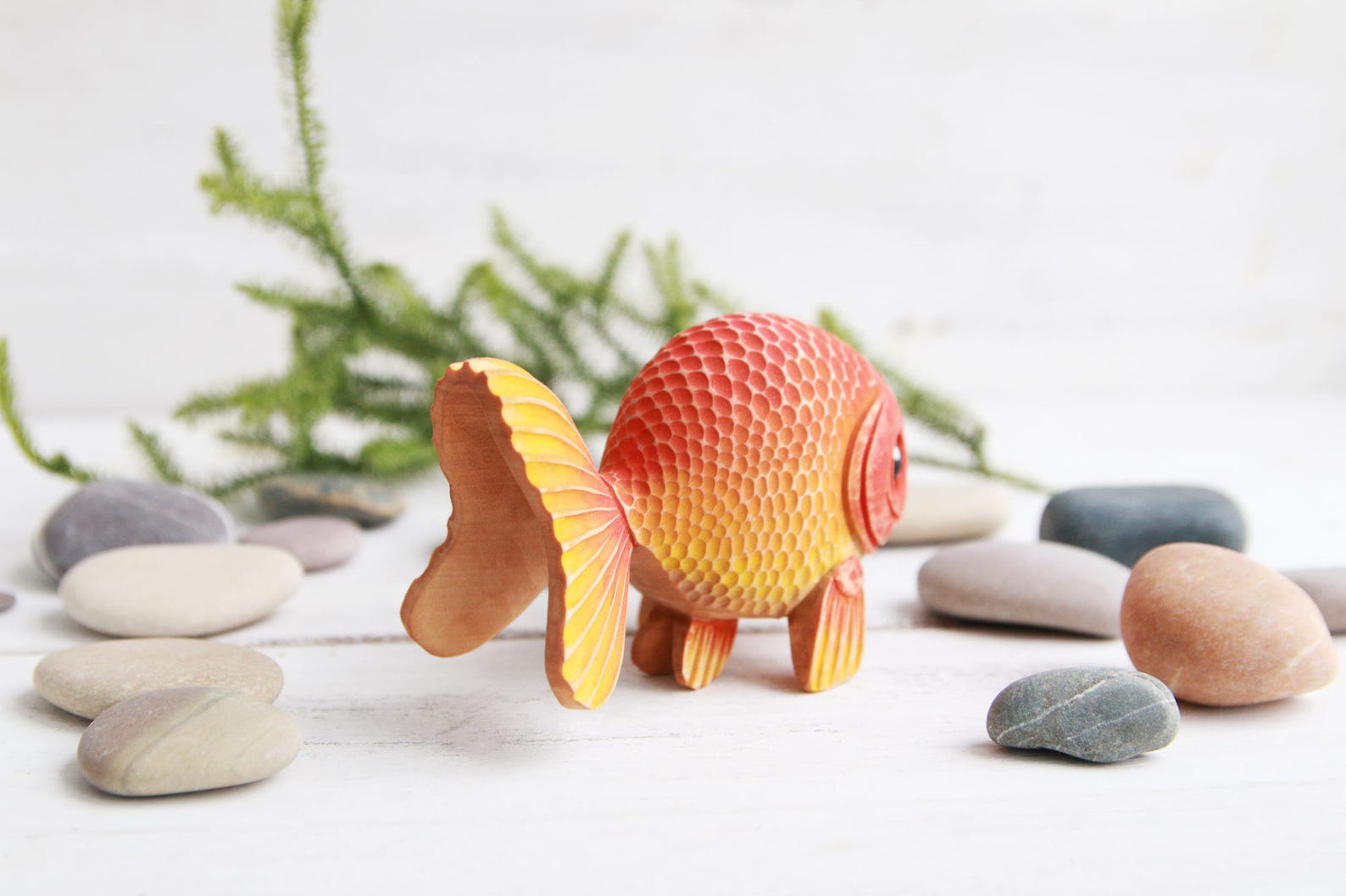 Wood Carved Goldfish Figurine Wood Carving Gold Fish Wooden Etsy