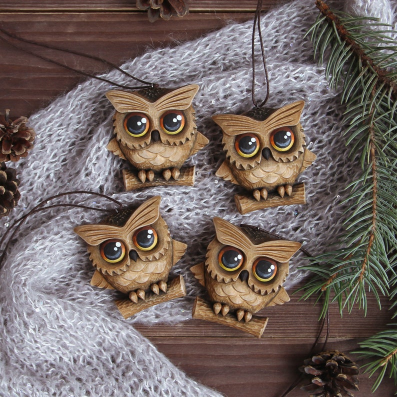 Carved Wood Owl Ornaments Christmas Wooden Bird Ornaments Etsy