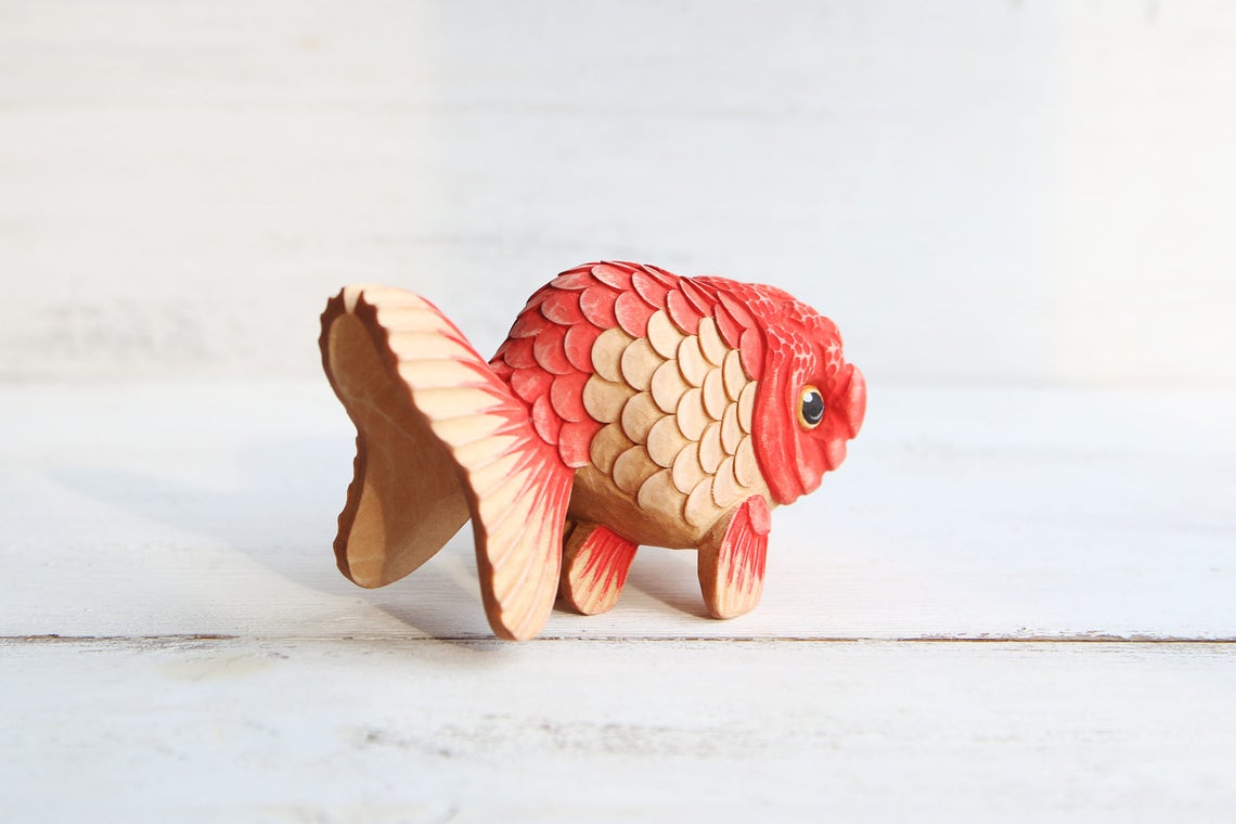 Red GoldFish Figurine Wood Carving Goldfish Art Hand Carved Etsy