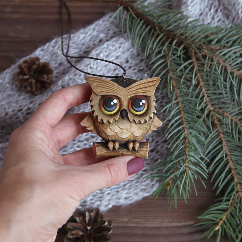 Carved Wood Owl Ornaments Christmas Wooden Bird Ornaments Etsy