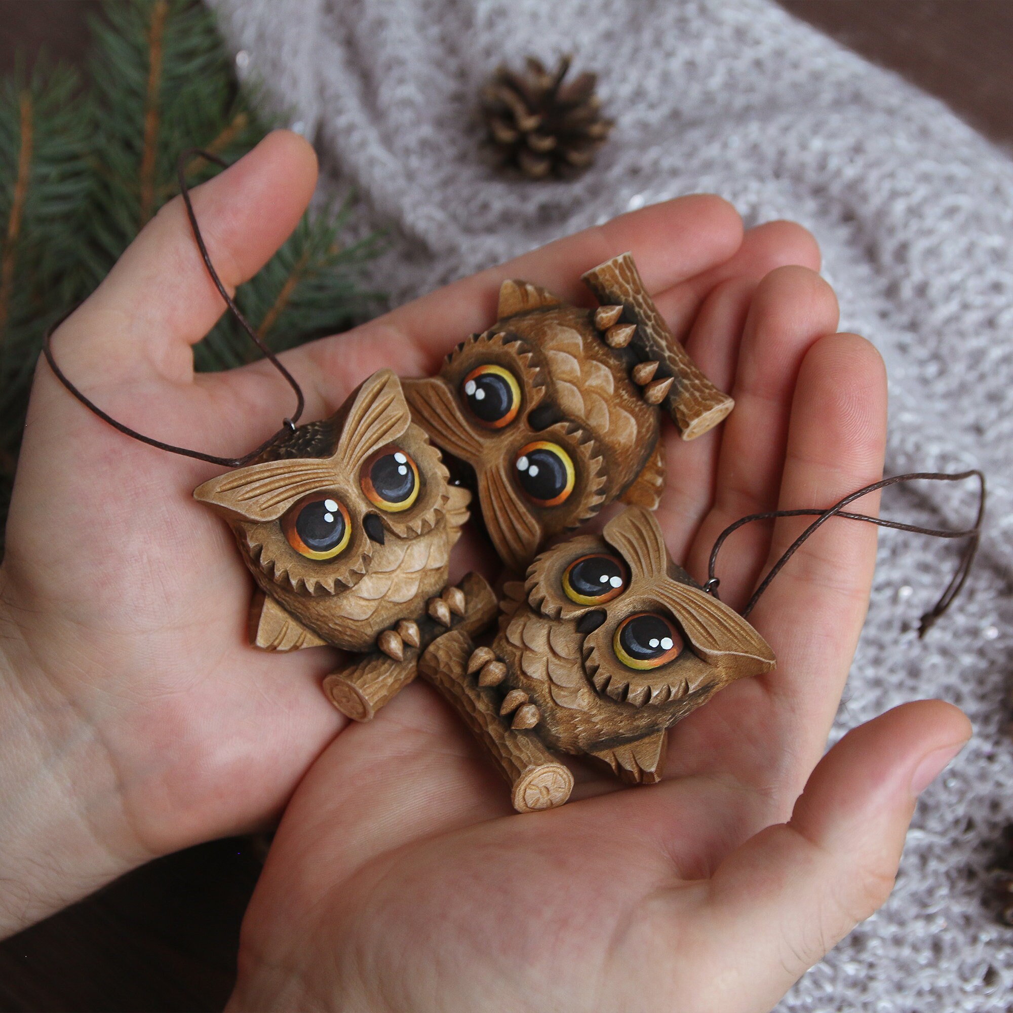 Carved Wood Owl Ornaments Christmas Wooden Bird Ornaments Etsy