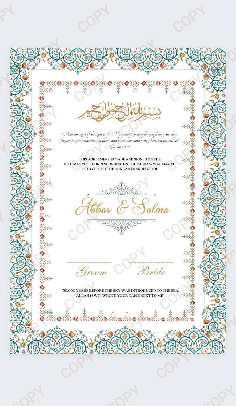 Nikkah Certificate | Nikkah Certificate | Nikkah Nama | Nikkah Contract | Personalised Nikkah certificate Bild 9