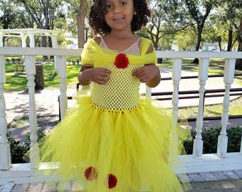 Belle tutu dress/Beauty and the Beast/princess/Inspired by Belle tutu dress/gifts for girls/Halloween costume/chunky necklace/bow/Disney.