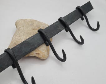 Hand Forged Iron Pot Rack: Rustic Kitchen Organizer with Hammered Hooks