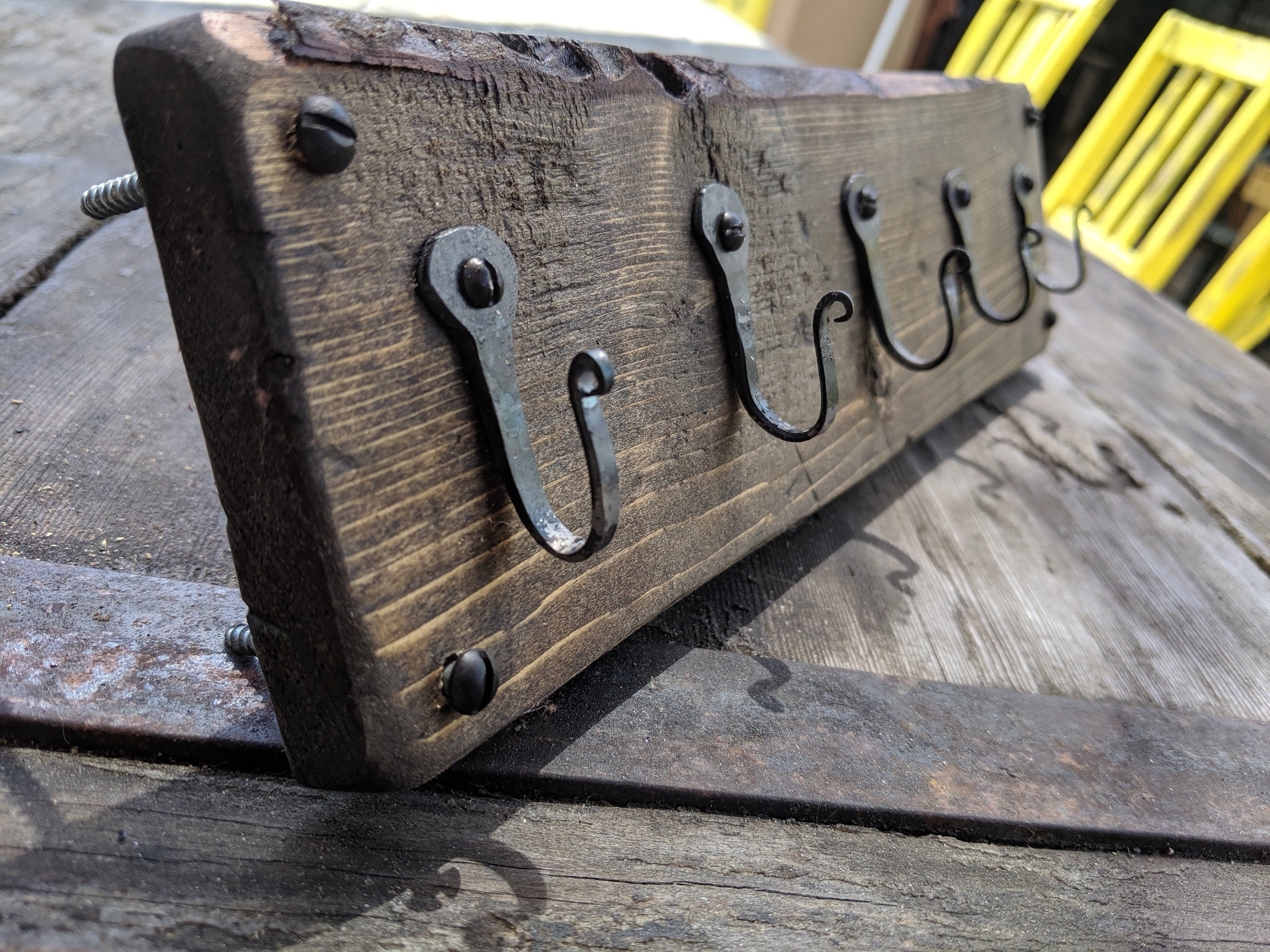 Reclaimed Wood Key Holder Rack Hand Forged Wall Hooks | Etsy