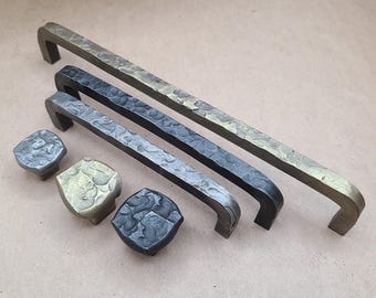 Unique forged iron knobs and pulls | Moonscape Modern industrial cabinet hardware | Custom black, brass, silver finishes