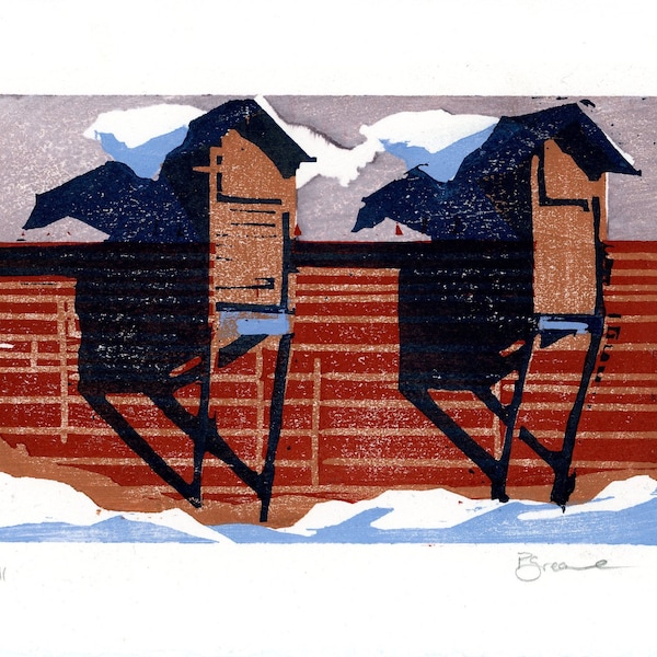 Red Vermont Barn in Snow, original woodcut print in custom 8"x10" mat