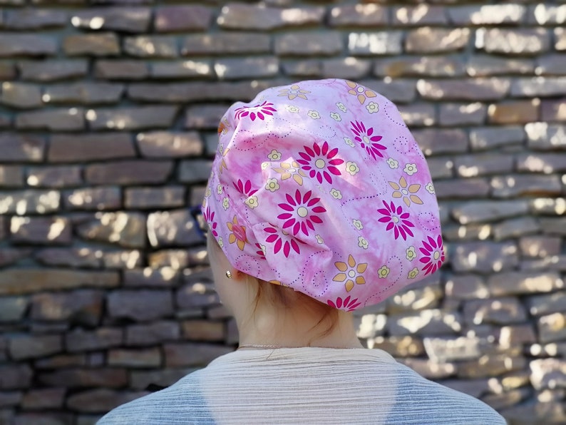 purple flowers on pink cotton summer headcover for adult lady Floral scrub cap for women with or without buttons