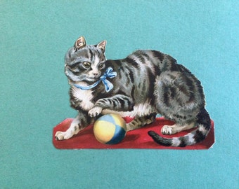 Antique page of Victorian die cut color lithographs decorative paper, embellishments, cat, cats, kitten, with ball, bow, ribbon