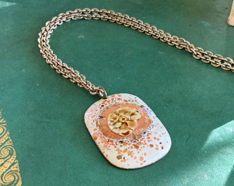 Vintage Enamel Pendant Necklace, Statement Necklace, Painted Flower Necklace, Vintage Jewelry, Enamel on Metal