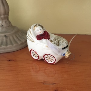 Vintage Blown Glass Christmas Ornament Baby Carriage, Holiday Decor, Lauscha