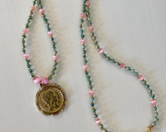 Long green and pink glass beaded necklace with Napoleon Empereur pendant