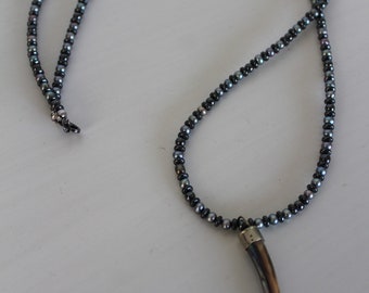 Long pearl and hematite beaded necklace with Italian Horn