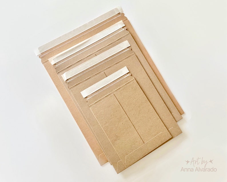 May include: Several brown paper envelopes of different sizes, sealed with white adhesive tape. The envelopes are arranged at an angle, displaying their varying dimensions and the adhesive closure.