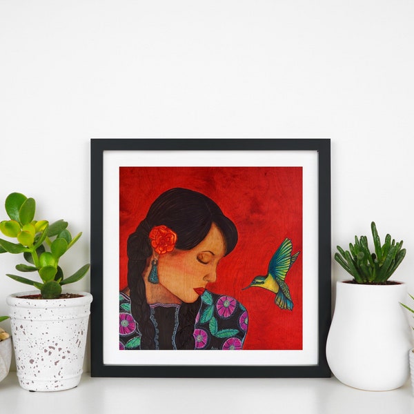Oye Mi Canto - Art Print | Women of Color with Rose & Hummingbird Artwork  | Self Care Inspired Art |  Eclectic Home Decor Wall Art