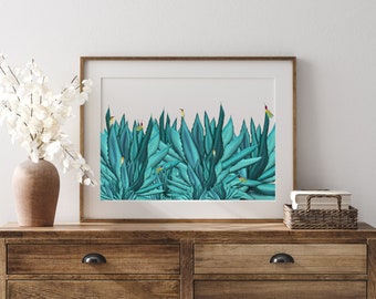 May include: A framed print of a teal blue agave plant with small yellow birds perched on the leaves.