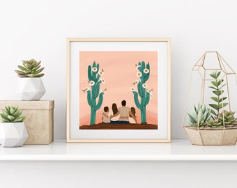 Family - Art Print | Desert Cactus Floral and Hummingbird Artwork | BOHO Home Decor Wall Art