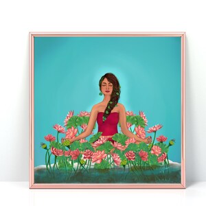 Blooming Gracefully | Art Print | Women of Color | Lotus and Lily Artwork | Nature Inspired Home Wall Decor | Vibrant Decorative Art