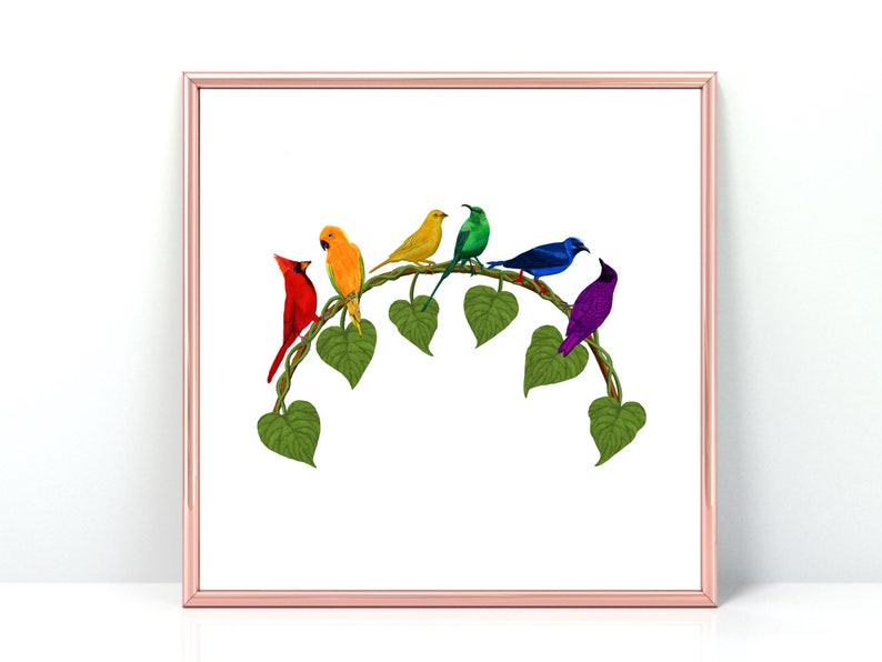 May include: A framed print showing seven brightly coloured birds on a leafy vine. The birds are red, orange, yellow, green, blue, and purple, set against a white background. The frame is rose gold in colour.