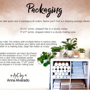 May include: The image shows the word "Packaging" in script. Text below details how artwork is packaged, with 20cm x 25cm prints shipped flat and 28cm x 43cm prints rolled. A white shelf with plants and storage is also visible.