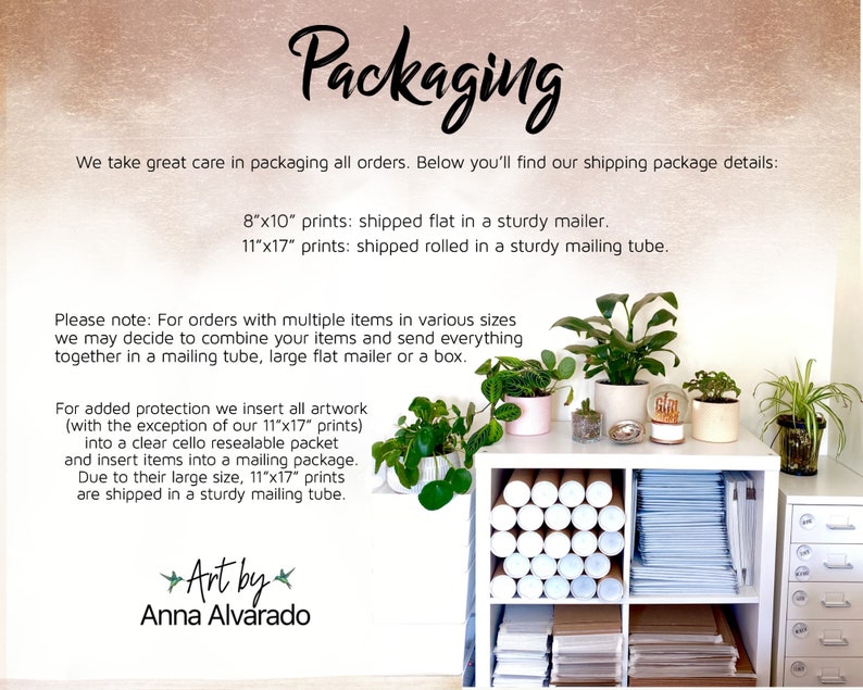 May include: The image shows the word "Packaging" in script. Text below details how artwork is packaged, with 20cm x 25cm prints shipped flat and 28cm x 43cm prints rolled. A white shelf with plants and storage is also visible.