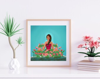 Blooming Gracefully | Art Print | Women of Color | Lotus and Lily Artwork | Nature Inspired Home Wall Decor | Vibrant Decorative Art