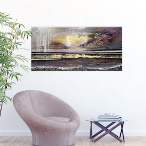 Acrylbild auf Leinwand, abstrakt, Landschaft, modern, Kunst, handgemalt, Original und signiert, Wandbild, Gemälde, Lila und Gold, Wandkunst