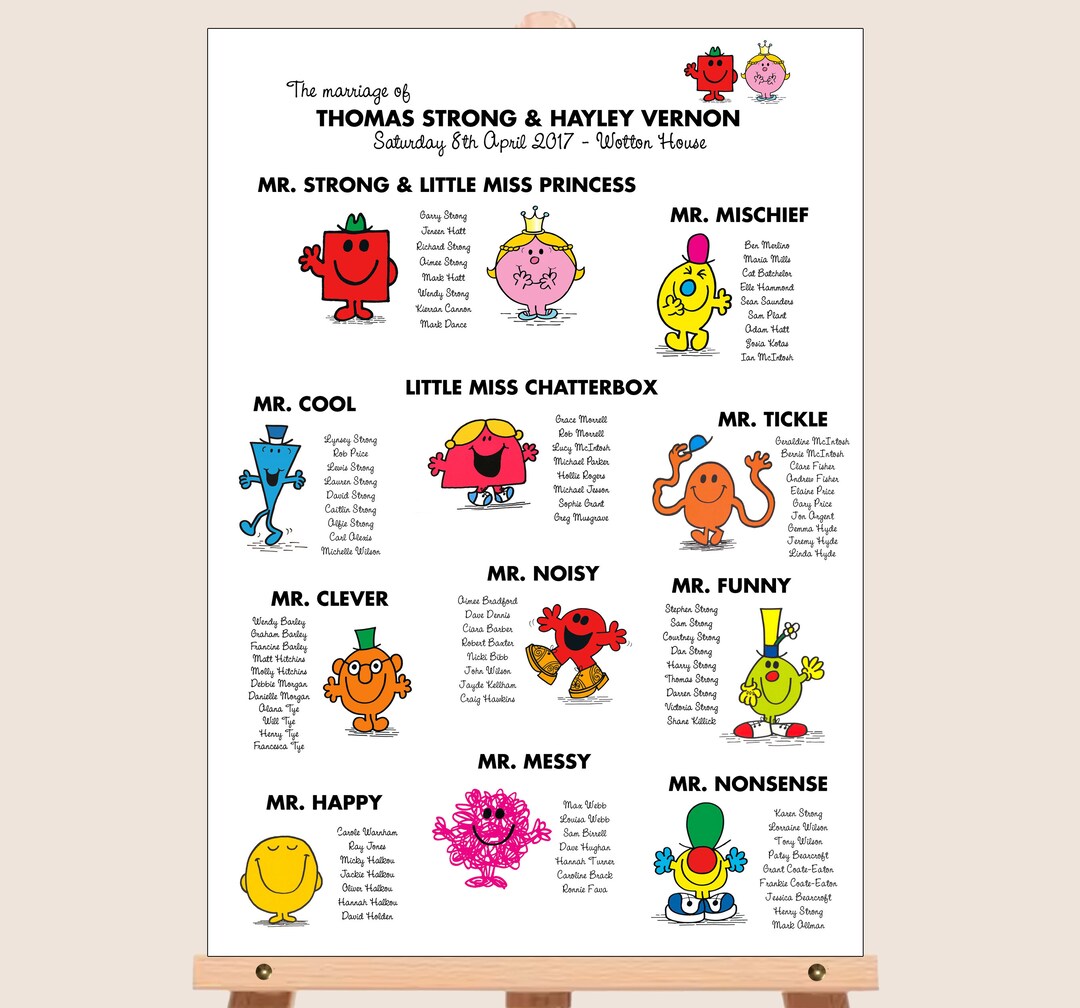 Mr Men Wedding Table Plan, Mr Men Wedding Seating Plan, Cartoon Wedding