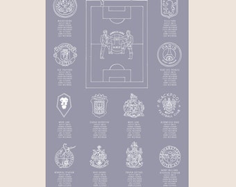 Illustrated Football Club Badge Wedding Table Plan, Football Seating Plan, Bespoke football Wedding Table Plan, Footie Wedding Table Plan