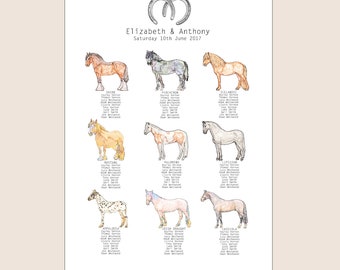 Horse Illustrated Watercolour Wedding Table Plan, Wedding Seating Plan, Horse Wedding Table Plan, Unique Horse Lovers Wedding Table Plan