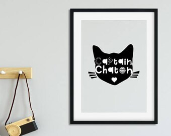 Affiche pour enfant Captain chaton - affiche mixte (noir et blanc) pour décoration chambre d'enfant - chat - affiche A4 printable à imprimer