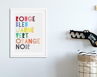 Affiche design "Les couleurs" - affiche éducative pour enfant - affiche typographie - apprentissage des couleurs - téléchargement immédiat