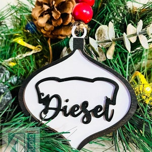 K&ouml;nnte beinhalten: Wei&szlig;er Holz-Anh&auml;nger mit schwarzem Umriss und dem Wort "Dieset" in schwarzer, kursiv geschriebener Schrift. Der Anh&auml;nger h&auml;ngt an einem gr&uuml;nen k&uuml;nstlichen Weihnachtsbaum.