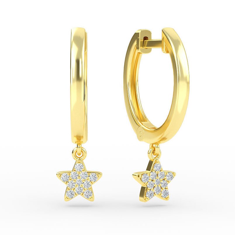 14k Gold Diamond Star Dangle Hoop Earrings Dainty Star Etsy