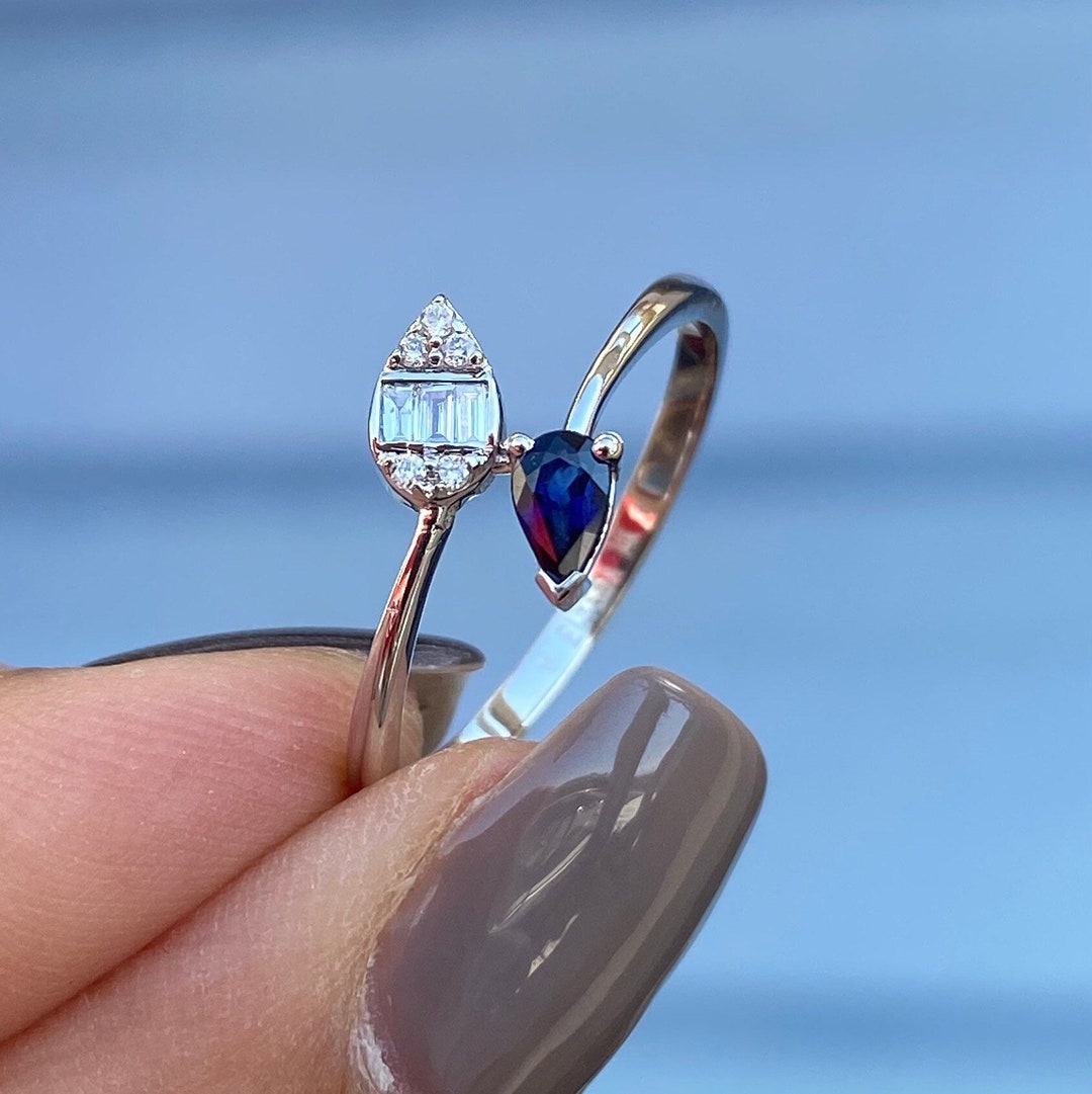 Sapphire Ring 14k Gold Tear Drop Sapphire and Diamond Ring Etsy